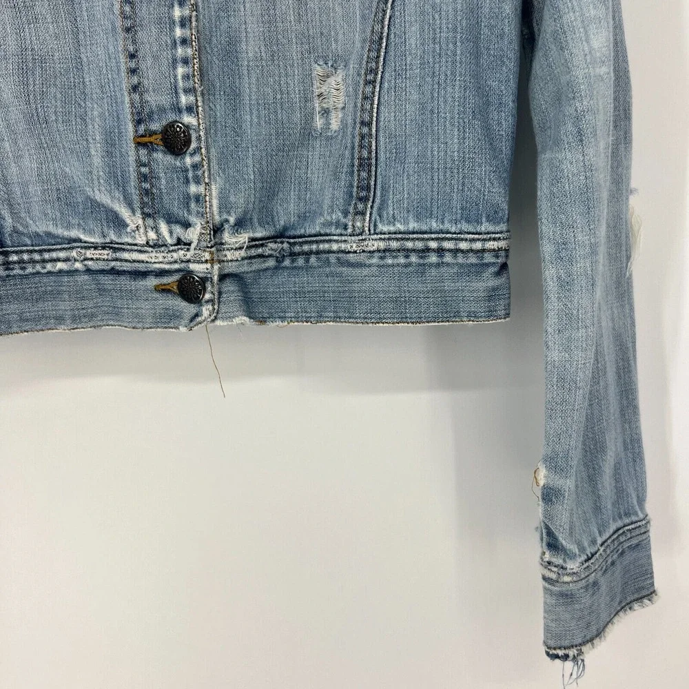 Roxy Crop Jean Jacket Womens Size M Blue Cotton Denim Distressed‎ Light Vtg Wash